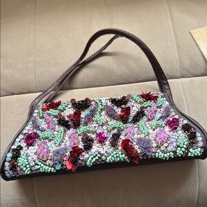 Vintage beaded and Sequence Vibrant Purple and Red Floral Shoulder Bag